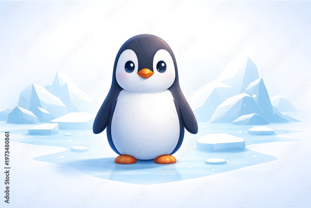 Obraz premium Cute Penguin on Icy Landscape Modern Minimal Vector Illustration 