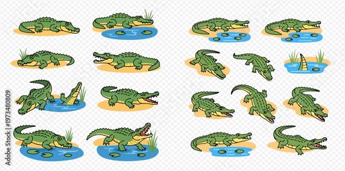 Set of cartoon crocodiles in various poses, including swimming, walking, and opening their mouths, on transparent background.