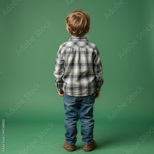 Young Boy Standing with Back to Camera Against Green Background Wearing Casual Clothes