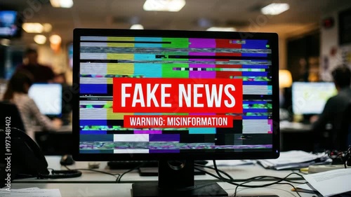People work in a newsroom while a screen shows fake news and a warning about misinformation