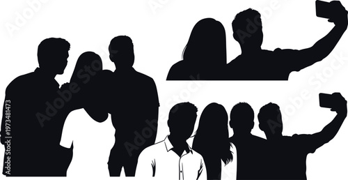 High quality silhouette collection of diverse young friends taking selfies and posing together for social media photos isolated on a clean white background