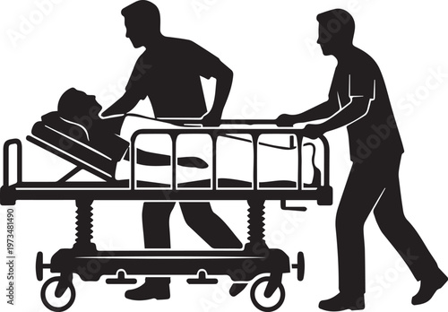 Emergency Paramedics Pushing Patient Gurney Silhouette