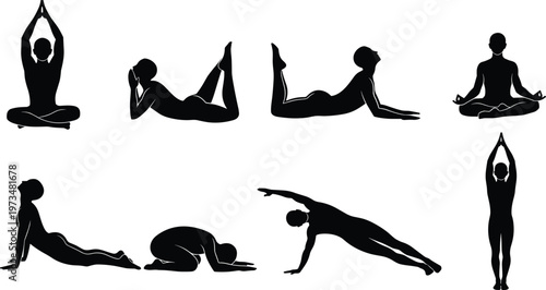 Set of yoga silhouettes featuring a person in various poses like lotus position cobra pose and child pose isolated on white background