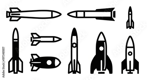Set of stylized rocket and missile icon illustrations.