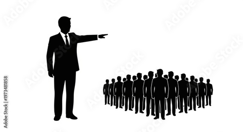 Silhouette Business Leader Pointing At Group Of People.