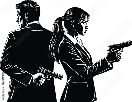 Vector illustration of a male and female secret agent duo standing back to back holding handguns in black and white comic book style