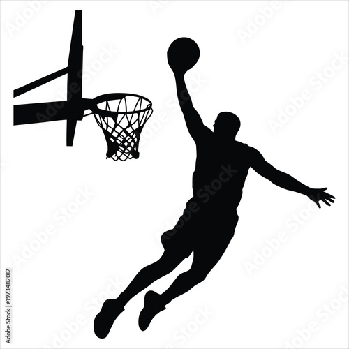 A silhouette of a basketball player dunking a ball into a hoop
