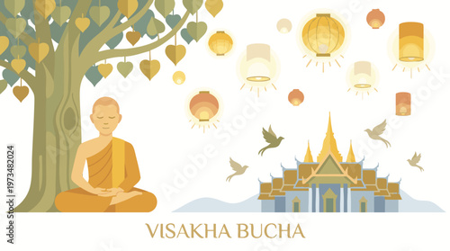 Visakha Bucha Celebration with Serene Monk and Bodhi Tree