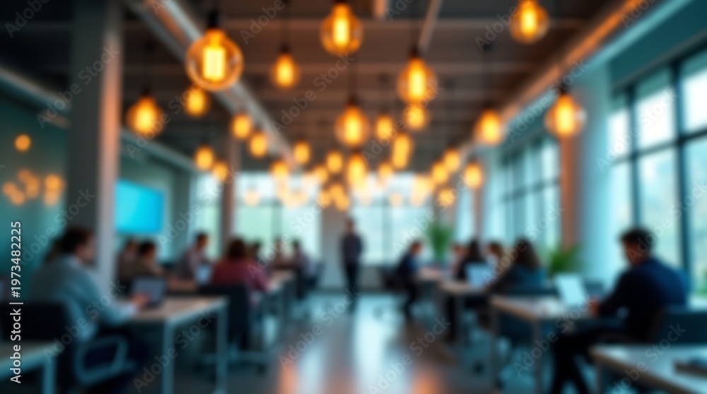 Obraz premium A Blurred Office Space Illuminated By Hanging Warm Filament Bulbs.