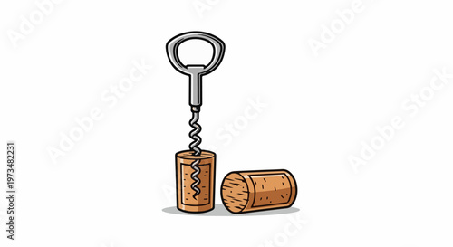 A metal corkscrew partially inserted into a cork, with another cork lying beside it