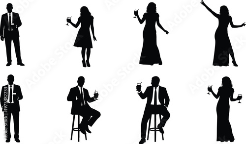 Collection of elegant party people silhouettes holding drinks, men and women in formal attire dancing, sitting, and socializing at cocktail event isolated illustration