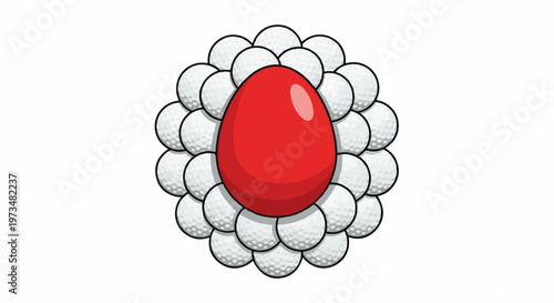 A red oval shape is centrally positioned surrounded by many white golf balls