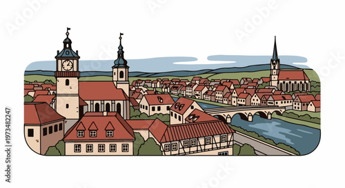 A charming village scene unfolds with prominent church spires, a clock tower, and a river crossed by a stone bridge