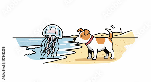 A small dog curiously observes a jellyfish on a sandy beach with gentle waves