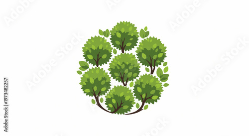 A cluster of stylized green trees with brown trunks and branches forms a circular pattern