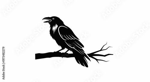 A black silhouette of a raven with open beak perched on a bare branch