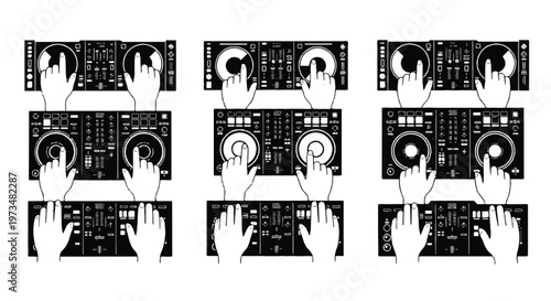 Hands on DJ mixer control panels.