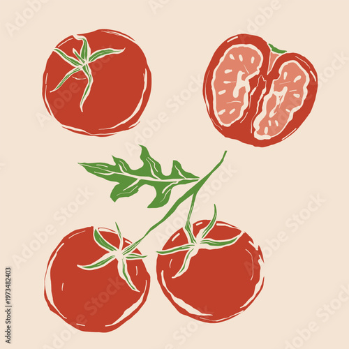 Red tomato set. Whole and sliced tomatoes, abstract fresh vegetables, food collection with green leaves and spots risograph effect, organic vegetarian products. Vector isolated collection.