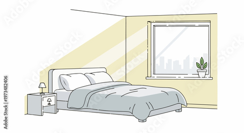 Bedroom scene with sunbeams, bed, nightstand, and city view window