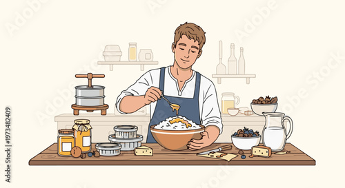 A smiling man in an apron prepares a bowl of food with honey and other ingredients in a kitchen setting