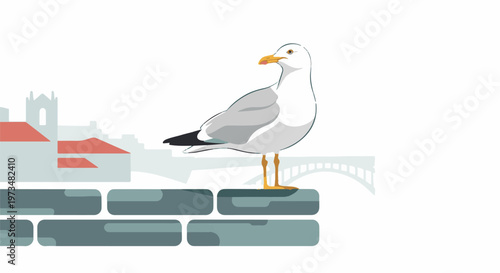 A stylized seagull stands on a brick wall, overlooking a city skyline with a bridge