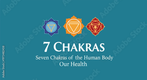 Three stylized spiritual symbols in blue, orange, and red with the text "7 CHAKRAS" and "Seven Chakras of the Human Body Our Health.