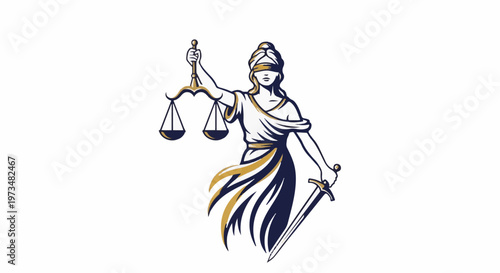 Lady Justice blindfolded, holding scales and sword, symbolic of fairness and law