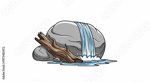 A cartoonish depiction of a rocky stream with a log and cascading water