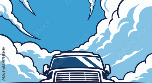 Stylized truck driving through clouds under a bright blue sky