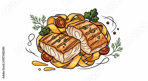 Two grilled fish fillets atop a bed of wide, yellow pasta ribbons with cherry tomatoes and herbs