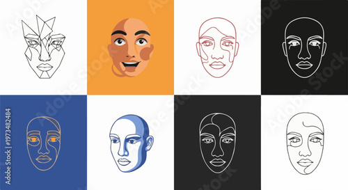Collage of diverse digital face art, featuring abstract, outlined, and rendered portraits