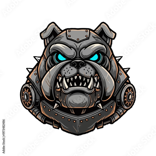 Robotic bulldog head with glowing blue eyes.