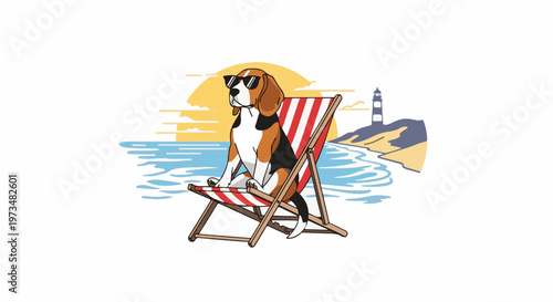 A beagle dog wearing sunglasses relaxes on a striped beach chair by the sea