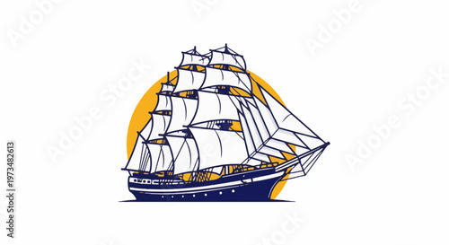 A tall ship with full sails is depicted against a yellow sun backdrop