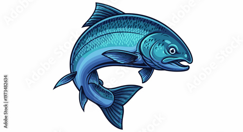 Stylized, dynamic illustration of a blue-hued salmon arching mid-swim