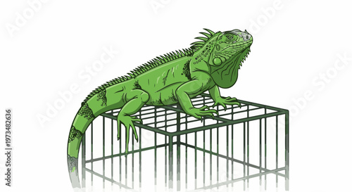 A detailed illustration of a bright green iguana perched atop a green wire cage