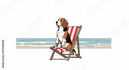 A beagle dog sits on a striped deck chair on a sandy beach, with the ocean in the background