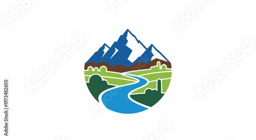 Stylized mountains overlook a winding river through a green valley