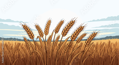 Golden wheat stalks sway in a sunlit field under a cloudy sky, with distant hills