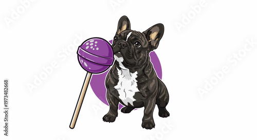 A French bulldog looks curiously at a large purple lollipop against a white background
