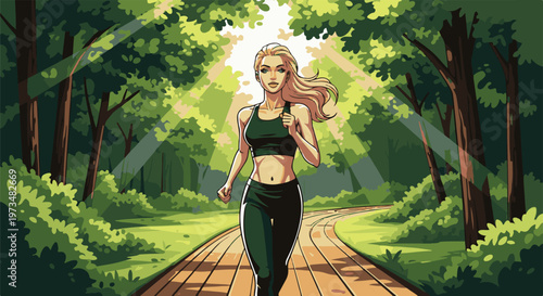 Athletic woman jogging on a sun-dappled forest path, lush green trees surround