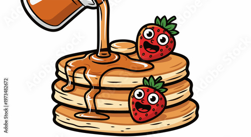 Whimsical animated stack of pancakes, drenched in syrup, with happy strawberries