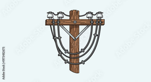 Wooden utility pole supporting electrical wires and ceramic insulators