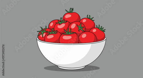 A pile of ripe red tomatoes fills a simple white bowl, set against a neutral gray background