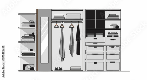A minimalist wardrobe with shelves, drawers, a mirror, and hanging clothes