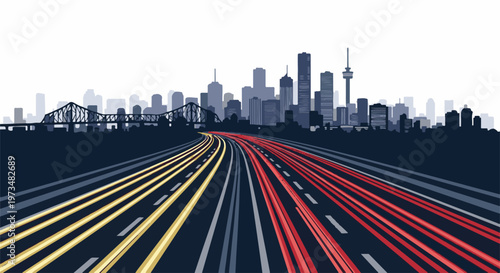 A city skyline is silhouetted against a white sky, with light trails from traffic on a highway leading towards it