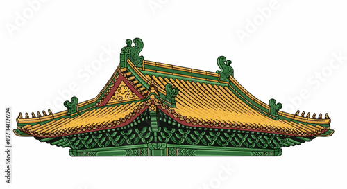 Ornate, multi-tiered, pixeled architectural roof with yellow tiles and green trim