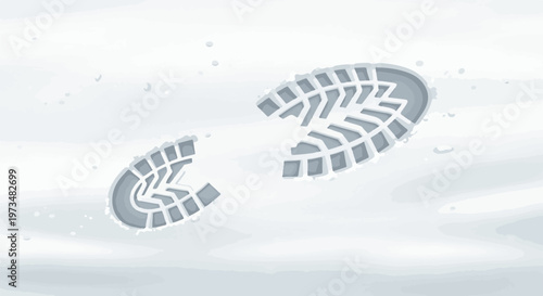 Two textured shoe prints pressed into a soft blanket of snow, with light falling flakes
