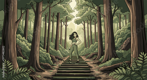 A woman poses on wooden steps amidst a dense, green forest with tall trees and lush foliage