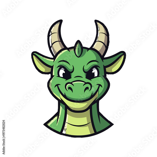 A cartoon green dragon with horns.